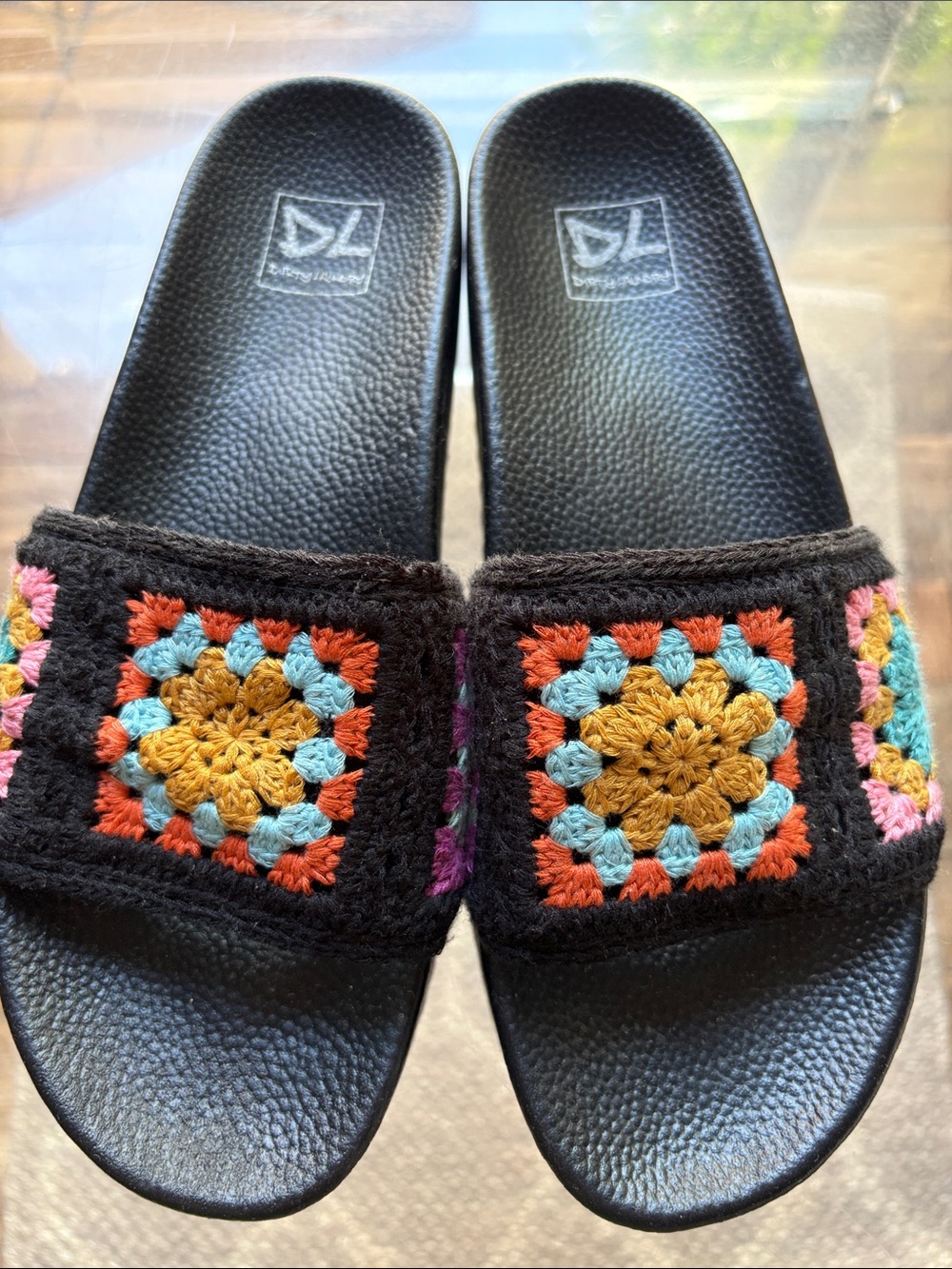 Dirty Laundry Black Crochet Slide Sandals with Multicolor Squares